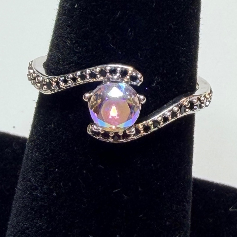 Fragrant Jewels Silver Tone Aurora Borealis Iridescent Bypass Ring Size 7